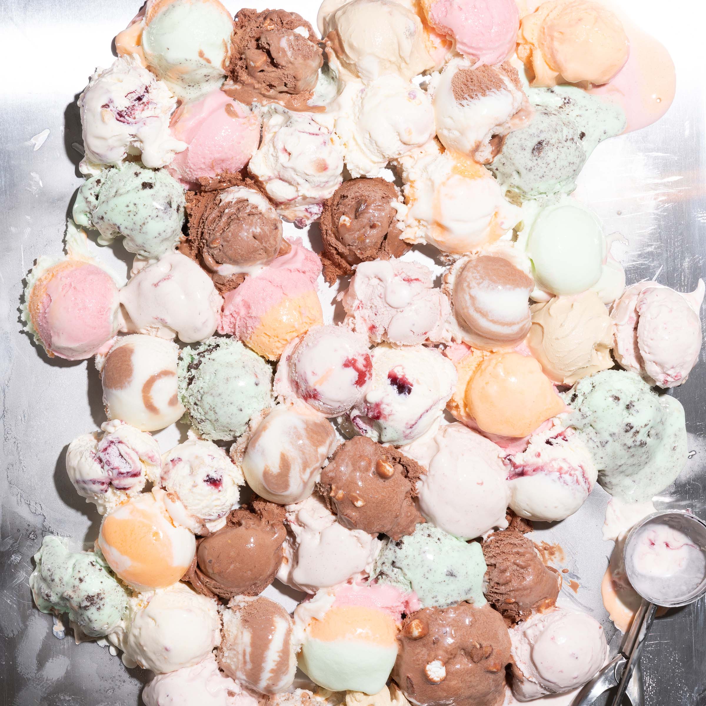 Ice cream scoops on metal tray