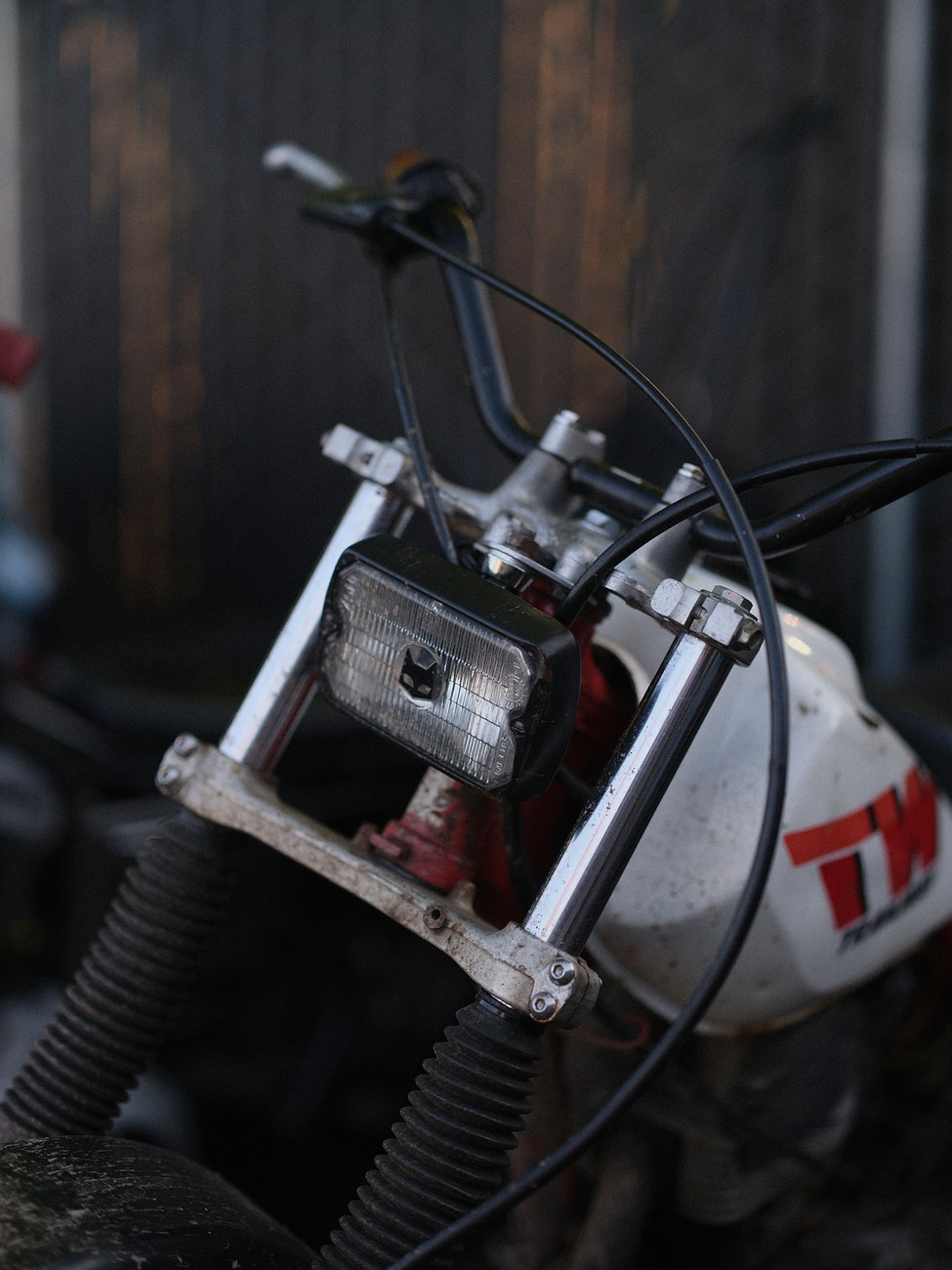 Detail of a customized scooter front end at Honcho