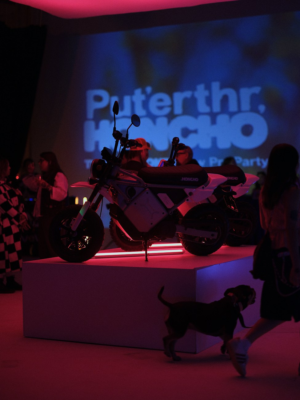 Motorcycle on a red-lit stage with a dachshund walking past